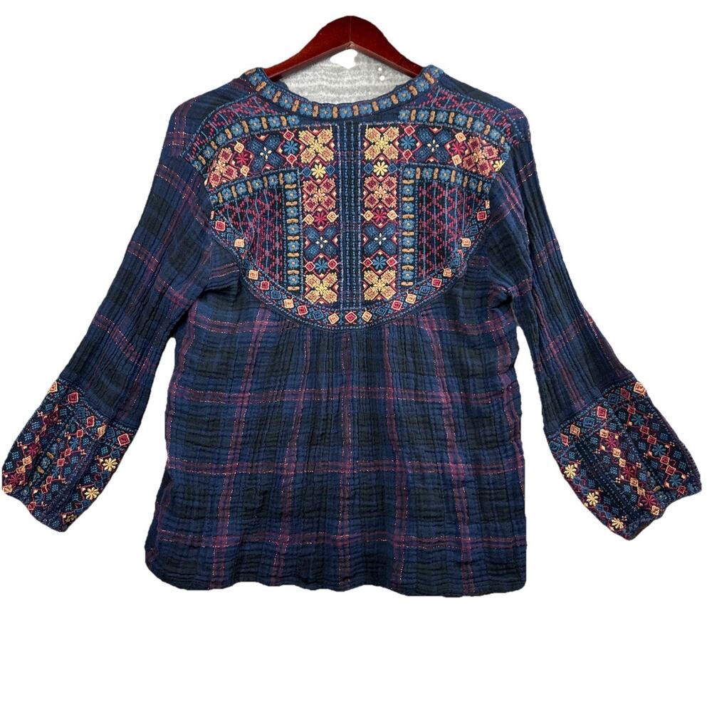 Johnny Was Embroidered Tunic Top M Plaid Boho Gauze Cotton Blend